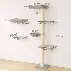 Laipiojimo sienelė katėms, 3 dalių, su guoliais, platformomis ir hamaku, 64x29,5x178 cm, šviesiai pilka — 3 nuotrauka