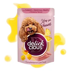 Delickcious Turkey Tropical fruits gabaliukai su kalakutiena ir tropiniais vaisiais kreminiame padaže šunims, 80g