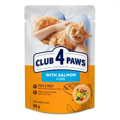 CLUB 4 PAWS Premium Visavertis konservuotas ėdalas suaugusioms katėms su lašiša drebučiuose, 85 g