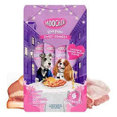 MOOCHIE Love Puree Chicken & Smoked Bacon 4x15g šunų skanėstai su vištienos ir rūkytos lašinės skoniu