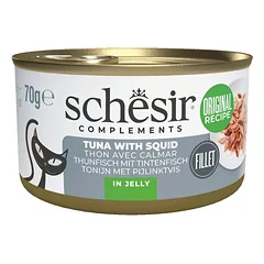 SCHESIR Complements Tunas su kalmarais želatinoje – 70 g papildomas šlapias maistas katėms