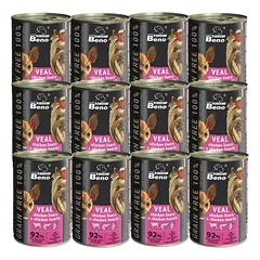 Super Beno GRAIN-FREE šunų skanėstai su veršiena, vištienos kepenėlėmis ir vištienos širdelėmis padaže, 12x415 g