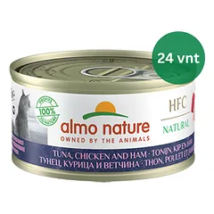 Almo Nature HFC Tuna, Chicken & Ham tunas, vištiena ir kumpis kons. katėms 24x70g