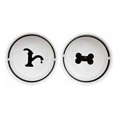Trixie Eat on Feet Bowl Set keraminės dubenėlių rinkinys ant medinio stovo šunims ir katėms, 2 x 0.25 l, ø 13 cm, baltas/juodas — 2 nuotrauka