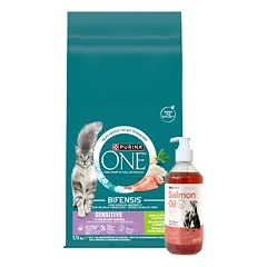 Purina One Sesitive kalakutienos ir ryžių suaugusių kačių ėdalas 9,75 kg + LAB V Lašišų aliejus šunims ir katėms 500ml