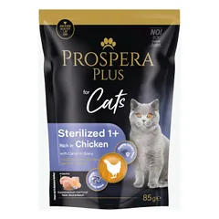 Konservuotas kačių maistas - Prospera Plus, sterilizuotų kačių maišelis 1+, vištiena ir morkos, 85 g nuotrauka
