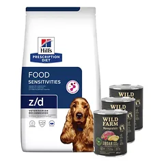 HILL'S PD Prescription Diet Canine z/d Jautrumas maistui 10kg + WILD FARM Monoprotein Wild Boar 3x800g hipoalerginis šunų ėdalas
