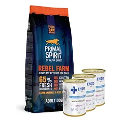 PRIMAL SPIRIT 65% Rebel Farm 12kg + ENZO VET Hipoalerginė dieta su triušiena šunims 3x400g