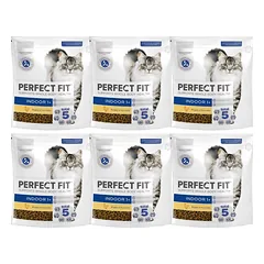 PERFECT FIT Indoor 1+ 6x750 g sausas visavertis pašaras suaugusioms katėms, kuriame gausu vištienos