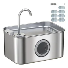 Gertuvė-fontanėlis katėms 3,2 l, nerūdijančio plieno, su tylia pompa, filtru ir LED, sidabrinė