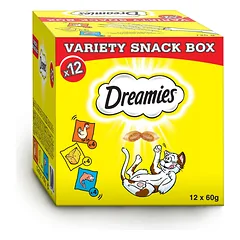 DREAMIES™ įvairių skonių užkandžių dėžutė – papildomas maistas katėms (su vištienos, sūrio ir lašišos skonio) – 12x60g