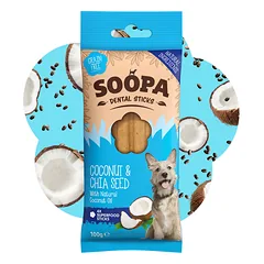 SOOPA Kokosų ir Čija sėklų lazdelės šunims, Coconut & Chia Seed Dog Dental Sticks, 100g