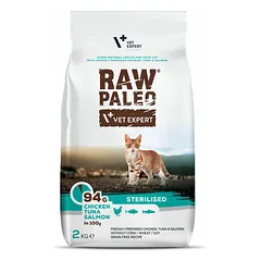 VetExpert Raw Paleo Sterilised su vištiena, tunu ir lašiša, sausas maistas katėms 2 kg — 3 nuotrauka