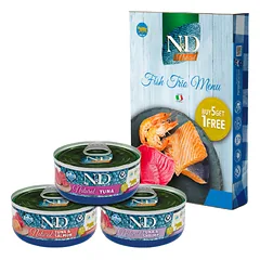 Farmina N&D Cat Natural Fish Trio Menu konservuotas maistas katėms su tunu, lašiša ir krevetėmis, 6×70 g