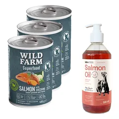 Wild Farm Superfood Salmon lašiša 3x400 g pašaro šunims be grūdų + LAB V Lašišų aliejus šunims ir katėms 500ml