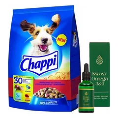 CHAPPI 9kg - sausas maistas šunims su jautiena, paukštiena ir daržovėmis + LAB-V Omega 3 ir 6 riebalų rūgštys bendrai šunų ir kačių sveikatos, kailio ir odos būklei gerinti 50ml