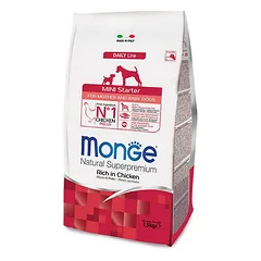 Monge Mini Starter sausas maistas mažoms nėščiosioms ir žindančioms kalytėms, taip pat šuniukams, 1,5 kg
