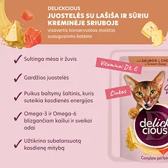 DELICKCIOUS konservuotas pašaras su lašiša  ir sūriu suaugusioms katėms, 85 g — 2 nuotrauka