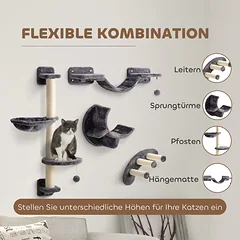 Laipiojimo sienelė katėms, 4 dalių komplektas su hamaku ir tilteliu, iki 5 kg, tamsiai pilka — 5 nuotrauka