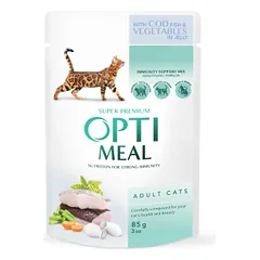 OPTIMEAL™ Visavertis konservuotas ėdalas suaugusioms katėms su menke ir daržovėmis drebučiuose, 85 g