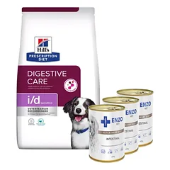 HILL'S PD Prescription Diet Canine i/d Sensitive Ryžių ir Kiaušinių Formulė 12kg + ENZO VET Žarnyno dieta šunims su ėriena 3x400g