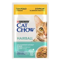 CAT CHOW Hairball kačių ėdalas su vištiena ir šparaginėmis pupelėmis padaže 85g