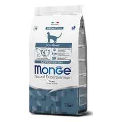 Monge Sterilised Monoprotein Trout sausas maistas sterilizuotiems suaugusiems katėms su upėtakiu, 1,5 kg