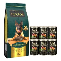 HEKTOR BALANCED Adult 15kg + WILD FARM Monoprotein Pork 6x400g