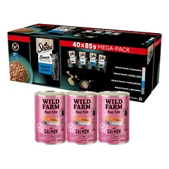  SHEBA Sauce Collection Fish Flavours Sachets 40x85 g - visavertis drėgnas maistas suaugusioms katėms, su padažu + WILD FARM Paštetas su lašiša 3x400g 