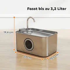 Gertuvė-fontanėlis katėms 3,2 l, nerūdijančio plieno, su tylia pompa, filtru ir LED, sidabrinė — 3 nuotrauka