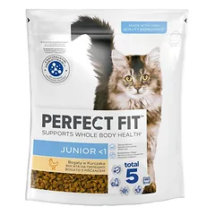PERFECT FIT Junior <1 6 x 750 g visavertis sausas pašaras kačiukams, turintis daug vištienos, 4+2 GRATIS.
