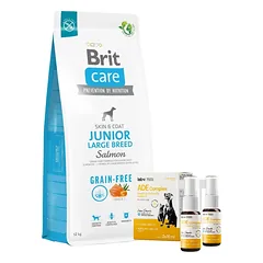 BRIT CARE GRAIN FREE JUNIOR LARGE SALMON & POTATO 12KG + Lab-V ADE Complex - vitaminų A, D ir E kompleksas šunims ir katėms