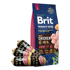 BRIT Premium By Nature Junior L 15kg + Hektor paukštienos batonas 3x900g