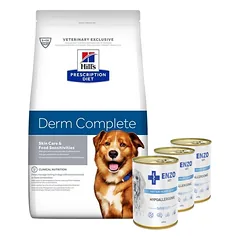 HILL'S PD Prescription Diet Canine Derm Complete 12kg + ENZO VET Hipoalerginė dieta su kalakutiena šunims 3x400g
