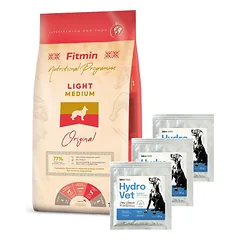 FITMIN Medium Light 12 kg + Hydro-Vet Dog - dietinis pašarų mišinys šunims, skatinantis atsigavimą po operacijos 3x22 g