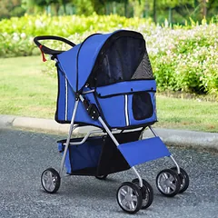 Šunų vežimėlis iki 10 kg, sulankstomas, su reguliuojamu stogeliu, 2 puodelių laikikliais ir apatiniu krepšiu, mėlynas — 2 nuotrauka