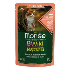 Monge BWILD konservai sterilizuotiems katėms su lašiša, krevetėmis ir daržovėmis, 85 g