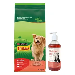 Friskies Active maistas suaugusiems šunims su jautiena ir daržovėmis, 15 kg + LAB V Lašišų aliejus šunims ir katėms 500ml