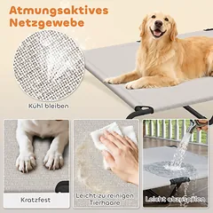 Pakeltas lauko šunų gultas dideliems šunims su plieniniu rėmu ir tinkliniu audiniu, 152 x 94 x 23 cm, smėlio spalvos — 5 nuotrauka