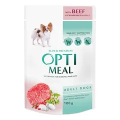 OPTIMEAL™. Visavertis konservuotas maistas suaugusiems šunims su jautiena ir spanguolėmis drebučiuose 100g.x12vnt.