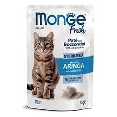 Monge Fresh Sterilised paštetas su gabaliukais ir silke, drėgnas maistas katėms 85 g parduotuvėje mumbo.lt