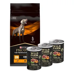 PURINA Veterinary PVD OM Obesity Management 12kg + Wild Farm Monoprotein Pork 3x400g hipoalerginis maistas šunims