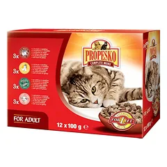 PROPESKO cat su jautiena vištiena ėriena ir žvėriena maišelyje 100 g (12 pakelis)