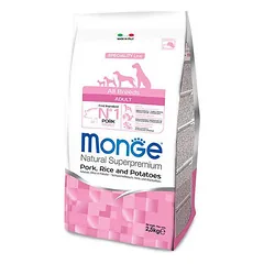 Monge All Breeds Adult kiauliena, ryžiai ir bulvės sausas maistas visų veislių suaugusiems šunims, 2.5 kg