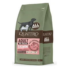 QUATTRO begrūdis sausas maistas visų veislių šunims su lašiša ir kriliu, 3kg
