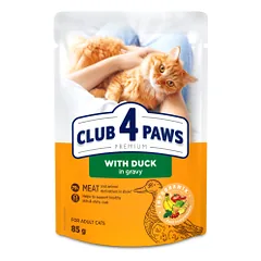 CLUB 4 PAWS Premium Visavertis konservuotas ėdalas suaugusioms katėms su antiena padaže, 85 g