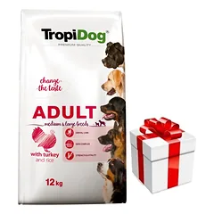 TROPIDOG Premium suaugusiems, vidutinių ir didelių veislių šunims- kalakutiena su ryžiais 12kg + Staigmena ŠUNIUI