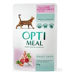 OPTIMEAL ™. Visavertis konservuotas ėdalas suaugusioms katėms su ėriena ir daržovėmis drebučiuose 85g.x12vnt.
