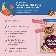 DELICKCIOUS konservuotas pašaras su lašiša ir midijomis suaugusioms katėms, 85 g — 2 nuotrauka