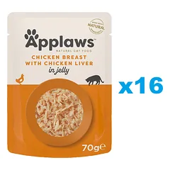 APPLAWS Cat Adult Pouch Chicken Breast with Liver in Jelly vištiena ir kepenėlės drebučiuose 16x70 g